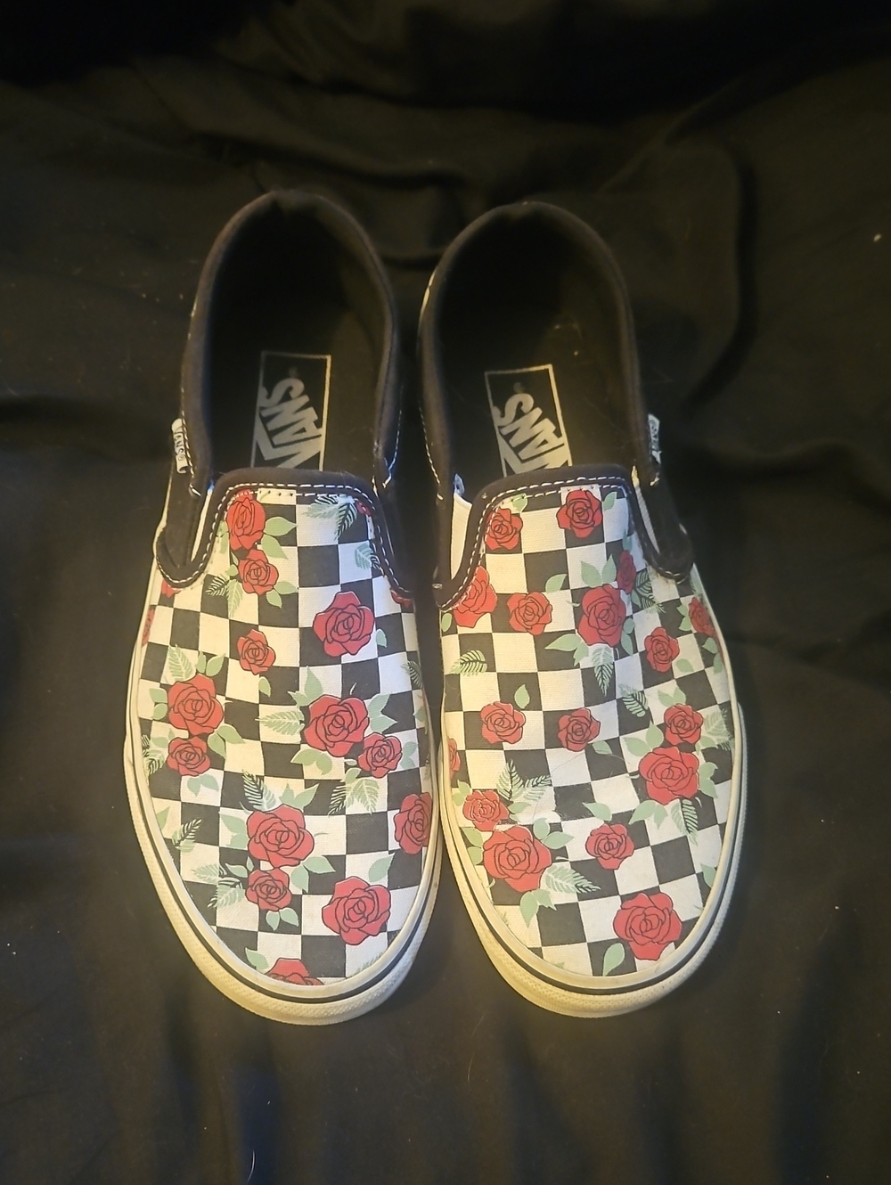 Vans  Slip-On Checkerboard Sneakers with Red Rose Print